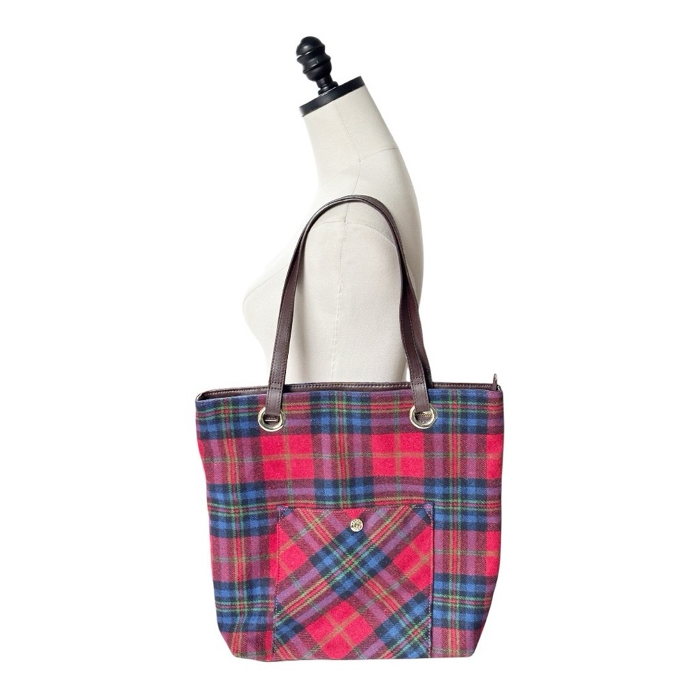 Talbots wool plaid tote bag with zip closure, leather straps and outside pocket